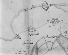 Plan geometrique de la grande forest de Chaux appartenante au Roy despendant de la Maitrise des Eaux et Forest de Dole en Comté de Bourgogne. Détail. Villages de Roche, Senans, Arc, etc. © Région Bourgogne-Franche-Comté, Inventaire du patrimoine