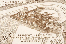 Plan monumental des grandes usines [...]. Fonderies, constructions mécaniques et machines à coudre Peugeot Japy et Cie [détail]. © Région Bourgogne-Franche-Comté, Inventaire du patrimoine