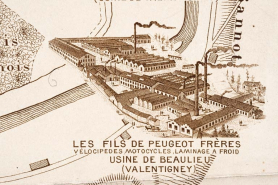 Plan monumental des grandes usines [...]. Vélocipèdes, motocycles, laminage à froid Les Fils de Peugeot Frères [détail]. © Région Bourgogne-Franche-Comté, Inventaire du patrimoine