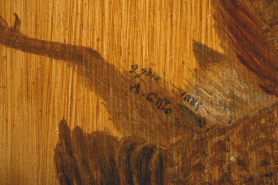 Salle à manger : détail de la 3e porte, avec la signature de l'auteur de la nature morte (A. Gille) et la date d'exécution (9 7bre 1884). © Région Bourgogne-Franche-Comté, Inventaire du patrimoine