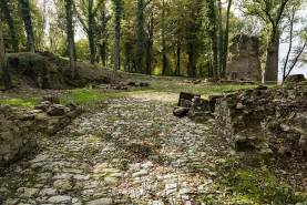 Chemin d'accès et vue sur la tour ouest. © Région Bourgogne-Franche-Comté, Inventaire du patrimoine