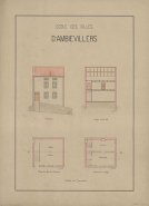 Plan de l'école des filles : élévation, coupe, rez-de-chaussée et 1er étage. © Archives départementales de la Haute-Saône