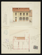 Plans des l'école de filles établis par G. Barbey en 1880 : façade postérieure et plan de l'étage. © Région Bourgogne-Franche-Comté, Inventaire du patrimoine