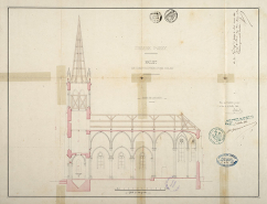 Projet de construction de l'église, coupe en longueur (1862). © Région Bourgogne-Franche-Comté, Inventaire du patrimoine