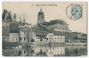 23 - Eglise et pont de Morteau, carte postale, s.n., s.d. [1er quart 20e siècle, avant 1907], Librairie-papeterie [illisible] éd. à Morteau Porte la date 19 juin 1907 (tampon) au recto. © Région Bourgogne-Franche-Comté, Inventaire du patrimoine