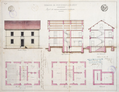 Projet de construction d'une maison commune : plan, coupe et dispositions des étages (1861). © Région Bourgogne-Franche-Comté, Inventaire du patrimoine