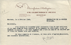 Papier à en-tête de la société Ch. Leibundgut-Petit, 4 février 1948. © Région Bourgogne-Franche-Comté, Inventaire du patrimoine