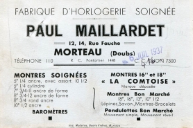 Carte publicitaire des Ets Paul Maillardet, 1937. © Région Bourgogne-Franche-Comté, Inventaire du patrimoine