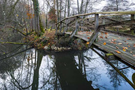 Étang, île et passerelle dans le parc. © Région Bourgogne-Franche-Comté, Inventaire du patrimoine