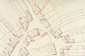 Cadastre de la commune de Montécheroux. Atlas parcellaire, 1830, section D en une feuille [détail : quartier de la rue de la Planchette], 1/1 250. © Région Bourgogne-Franche-Comté, Inventaire du patrimoine