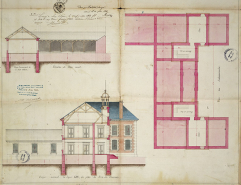 Renahy. Projet de construction d'une maison commune, coupes et plan des soubassements. 1866. © Région Bourgogne-Franche-Comté, Inventaire du patrimoine