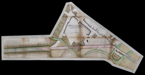 Lingée. Plan de la traverse de Scey-sur-Saône dit le Bourg, grande route de Besançon à Nancy, levé à l'occasion du redressement projeté entre Scey-l'Église et le pont de Scey-le-Bourg. 1781. © Région Bourgogne-Franche-Comté, Inventaire du patrimoine