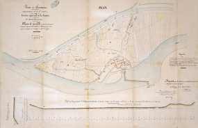 Plan et profils des terrains avoisinant la partie amont de la dérivation de Vereux (1854). © Région Bourgogne-Franche-Comté, Inventaire du patrimoine