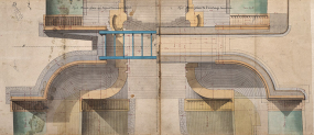 Réfection de la première porte de garde de la dérivation de St-Albin - Plans, élévation, coupes et détails des maçonneries de la porte de garde et du pont (1876) : demi-plan de au-dessus des maçonneries et de l'ouvrage terminée. © Région Bourgogne-Franche-Comté, Inventaire du patrimoine