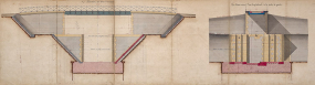 Bief de Soing - Construction de la coupure de Cubry, de la dérivation éclusée de Soing et d'un chemin de halage - Seconde porte de garde de Cubry avec pont (1878) : élévation des têtes d'amont et coupe suivant l'axe longitudinal de la porte de garde. © Région Bourgogne-Franche-Comté, Inventaire du patrimoine