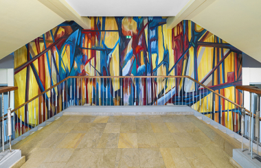 Peinture monumentale : composition abstraite, par Camille Niogret (1965). © T.Kuntz, Région Bourgogne-Franche-Comté, Inventaire du patrimoine, 2026
