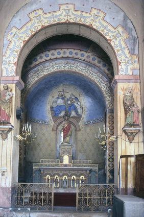 Eglise paroissiale Saint-Romain à Poil (58) : peintures monumentales la Trinité et motifs décoratifs.