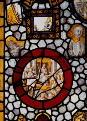 Verrière de l'hôtel-Dieu de Beaune (21). Détail : Vierge à l'Enfant et donateur, scène non identifiée et fragments divers.