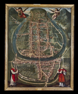 Tableau intitulé "Vue de la ville de Besançon, à vol d'oiseau en 1629" : vue d'ensemble. © Région Bourgogne-Franche-Comté, Inventaire du Patrimoine