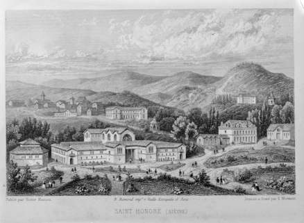 Vue à vol d'oiseau de l'établissement thermal projeté dans les années 1850. © Région Bourgogne-Franche-Comté, Inventaire du patrimoine Vue à vol d'oiseau de l'établissement thermal projeté dans les années 1850. © Région Bourgogne-Franche-Comté, Inventaire du patrimoine