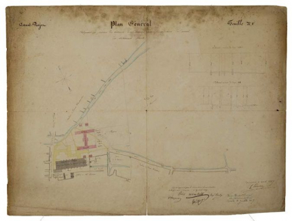 Hôtel-Dieu : vue d'ensemble de l'aménagement du site (Hôtel-Dieu et pavillon Dormois) projet, 1847. © Région Bourgogne-Franche-Comté, Inventaire du patrimoine