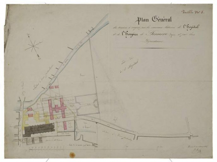 Hôtel-Dieu : vue d'ensemble de l'aménagement du site (Hôtel-Dieu et pavillon Dormois) projet, 1847. © Région Bourgogne-Franche-Comté, Inventaire du patrimoine