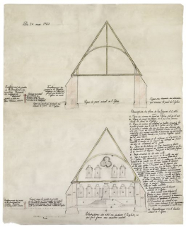 Coupe transversale de la charpente et coupe transversale de la façade, 24 mai 1763. © Région Bourgogne-Franche-Comté, Inventaire du patrimoine
