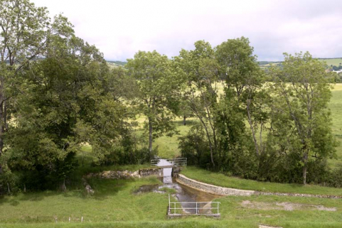Décharge de fond au centre de la digue principale ; rigole. Jonction des eaux issues de cette décharge de fond et de celles du déversoir. © Région Bourgogne-Franche-Comté, Inventaire du patrimoine Décharge de fond au centre de la digue principale ; rigole. Jonction des eaux issues de cette décharge de fond et de celles du déversoir. © Région Bourgogne-Franche-Comté, Inventaire du patrimoine