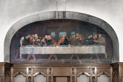 Chapelle, décor peint : La Cène, d'après Léonard de Vinci (mur droit du choeur). © Région Bourgogne-Franche-Comté, Inventaire du patrimoine