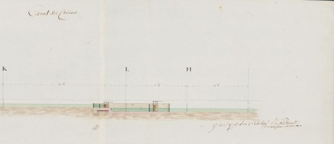Ce plan présente un profil de la Seille à Cuisery. Il fait partie d'un ensemble de quatre plans, ratifiés par les Etats de Bourgogne, datés de 1793, et portant la signature de l'ingénieur Guillemot, en charge d'une partie des travaux de canalisation… © Région Bourgogne-Franche-Comté, Inventaire du patrimoine