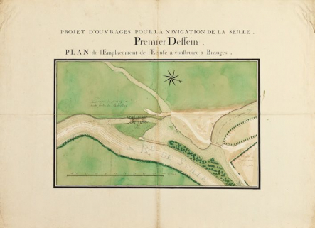 Projet d'ouvrages pour la navigation de la Seille. Premier dessin. Plan de l'emplacement de l'écluse à construire à Branges. Ce sont probablement les plans d'origine (1784) avec détail d'implantation des écluses. (Archives VNF-direction territoriale… © Région Bourgogne-Franche-Comté, Inventaire du patrimoine