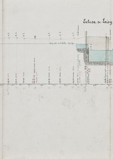 "Nivellement de la Seille, profils", par l'ingénieur Fournier, vers 1850. Croquis non datés des ponceaux et aqueducs du chemin de halage. Extrait : km 19 et écluse de Loisy. (Archives VNF-direction territoriale Centre-Bourgogne ; subdivision de Mont… © Région Bourgogne-Franche-Comté, Inventaire du patrimoine