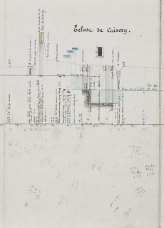 "Nivellement de la Seille, profils", par l'ingénieur Fournier, vers 1850. Extrait : Ecluse de Cuisery (Archives VNF-direction territoriale Centre-Bourgogne ; subdivision de Montceau-les-Mines) © Région Bourgogne-Franche-Comté, Inventaire du patrimoine