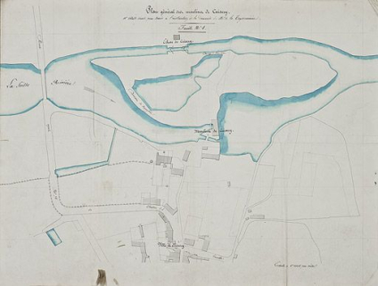 "Plan des moulins de Cuisery et détails divers devant servir à l'instruction de la demande M. de la Teyssonnière, feuille n°1". Sans doute vers 1842. (Archives VNF-direction territoriale Centre-Bourgogne ; subdivision de Montceau-les-Mines) © Région Bourgogne-Franche-Comté, Inventaire du patrimoine