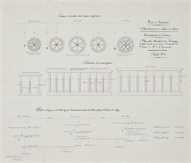 "Plan des moulins de Cuisery et détails divers pour servir à l'instruction de la demande de M. de la Teysonnière, feuille n° 3 coupes verticales des roues motrices, élévation des vannes, profil en long depuis l'embouchure dans la Saône jusqu'à l'écl… © Région Bourgogne-Franche-Comté, Inventaire du patrimoine