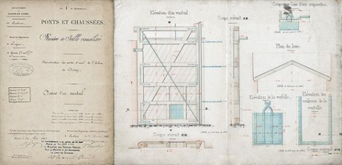 "Construction des portes d'aval de l'écluse de Cuisery : dessin d'un vantail" par Gardie, conducteur principal faisant fonction d'ingénieur ordinaire, le 28 février 1889, visé par Jozon, ingénieur en chef. (Archives VNF-direction territoriale Centre… © Région Bourgogne-Franche-Comté, Inventaire du patrimoine