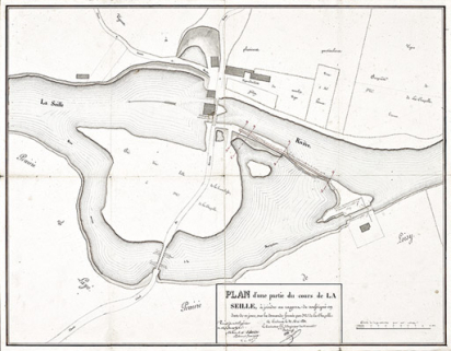 "Plan d'une partie du cours de la Seille, à joindre au rapport du soussigné en date de ce jour, sur la demande formée par M. de la Chapelle", par le conducteur faisant fonction d'ingénieur principal du 2e arrondissement Boulmicot, le 30 mai 1831. Il… © Région Bourgogne-Franche-Comté, Inventaire du patrimoine