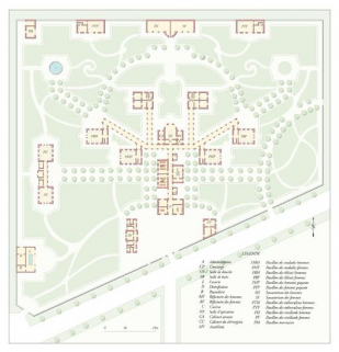Plan, d'après une présentation de l'ensemble conçu par Léon Albert Pradel (architecte) parue dans la revue "La Construction moderne" en 1906. © Région Bourgogne-Franche-Comté, Inventaire du patrimoine