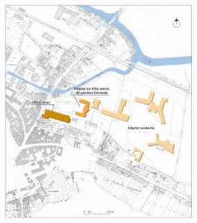 plan masse de l'ensemble hospitalier, extrait du plan cadastral au 1/1000e réduit au 1/4000e © Région Bourgogne-Franche-Comté, Inventaire du patrimoine