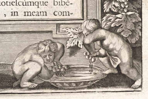 Page 319, détail : enfants pressant le raisin. © Région Bourgogne-Franche-Comté, Inventaire du patrimoine