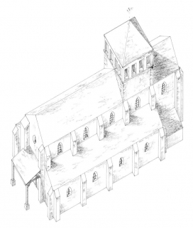 Vue axonométrique de l'ancienne église, reconstitution. © Région Bourgogne-Franche-Comté, Inventaire du patrimoine