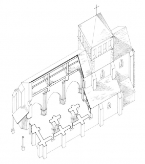 Coupe axonométrique de l'ancienne église, reconstitution. © Région Bourgogne-Franche-Comté, Inventaire du patrimoine