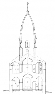 Coupe transversale sur la travée sous clocher, cotes portées sur la coupe. © Région Bourgogne-Franche-Comté, Inventaire du patrimoine