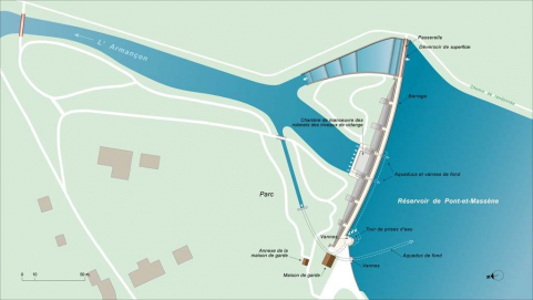 Plan schématique du réservoir de Pont, détail du barrage. © Région Bourgogne-Franche-Comté, Inventaire du patrimoine