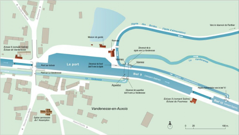 Plan schématique du port et du réseau hydraulique. © Région Bourgogne-Franche-Comté, Inventaire du patrimoine Plan schématique du port et du réseau hydraulique. © Région Bourgogne-Franche-Comté, Inventaire du patrimoine