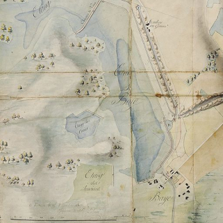 "Carte topographique des différents étangs destinés à former le réservoir du point de partage du Canal du Nivernais" : détail de l'étang de Baye. (Plan aquarellé ; 127 x 103 cm, Archives VNF-direction territoriale Centre-Bourgogne ; subdivision de C… © Région Bourgogne-Franche-Comté, Inventaire du patrimoine