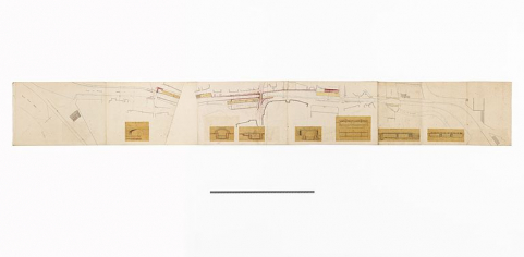 "Amélioration du canal dans la traversée de Clamecy". Y figurent des vignettes des ponts et passerelles répartis le long de la traversée. (Dessin ; 1829, Archives VNF-direction territoriale Centre-Bourgogne ; subdivision de Corbigny) © Région Bourgogne-Franche-Comté, Inventaire du patrimoine