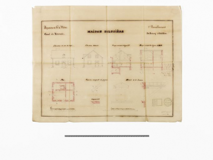 "Maison éclusière de Bernay à Châtillon". Plan, coupe et élévation et détail de la lucarne. (Archives VNF-direction territoriale Centre-Bourgogne ; subdivision de Corbigny) © Région Bourgogne-Franche-Comté, Inventaire du patrimoine