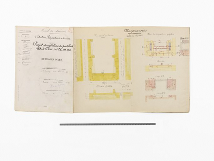 "Projet de réfection du pont-levis dit de l'Ane au P.K.99.180". Détail des maçonneries. (Dessin ; 9 feuillets de 21 x 31 cm ; 1926, Archives VNF-direction territoriale Centre-Bourgogne ; subdivision de Corbigny) © Région Bourgogne-Franche-Comté, Inventaire du patrimoine