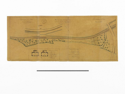 "Plan de l'écluse de Loire n°35 et de ses abords et dépendances". Plan général de l'écluse avec sa maison éclusière ; plans du rez-de-chaussée et du premier étage de la maison éclusière. (Plan aquarellé ; 75 x 30,5 cm, Archives VNF-direction territo… © Région Bourgogne-Franche-Comté, Inventaire du patrimoine